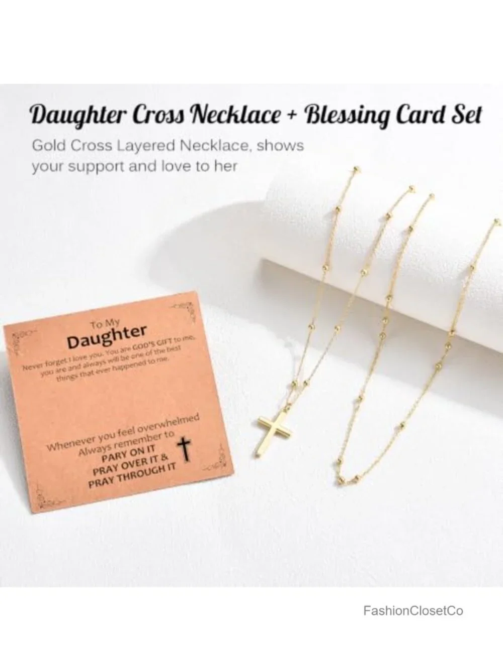 14k Gold Plated Layered Cross Pendant Necklace Set with Inspirational Card